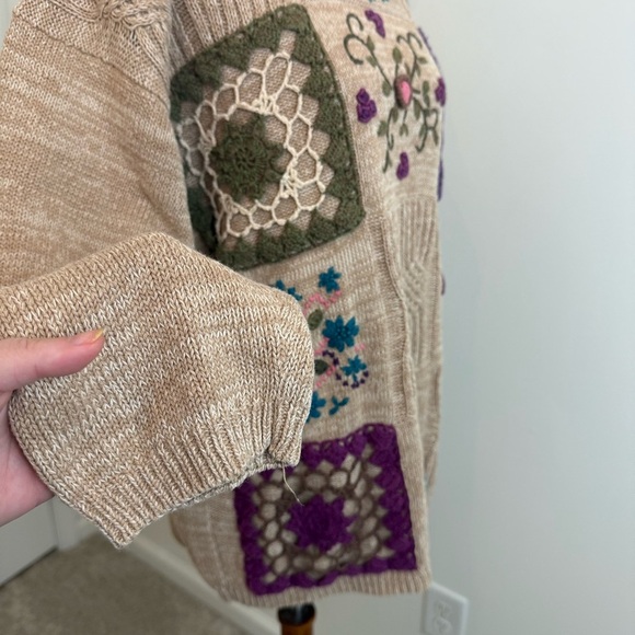 Vintage Ramie Cotton Floral Embroidered Chunky Knit Sweater Women’s L/XL Grandma - Picture 6 of 12